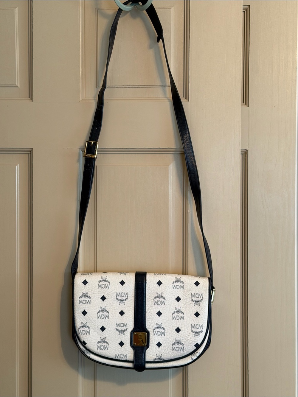 MCM White Logo Canvas Crossbody with Navy Trim and Gold Plaque